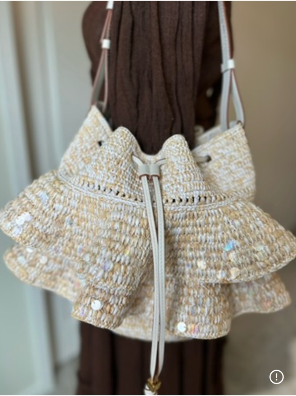 Loewe Cream Woven Ruffle Drawstring Shoulder Bag